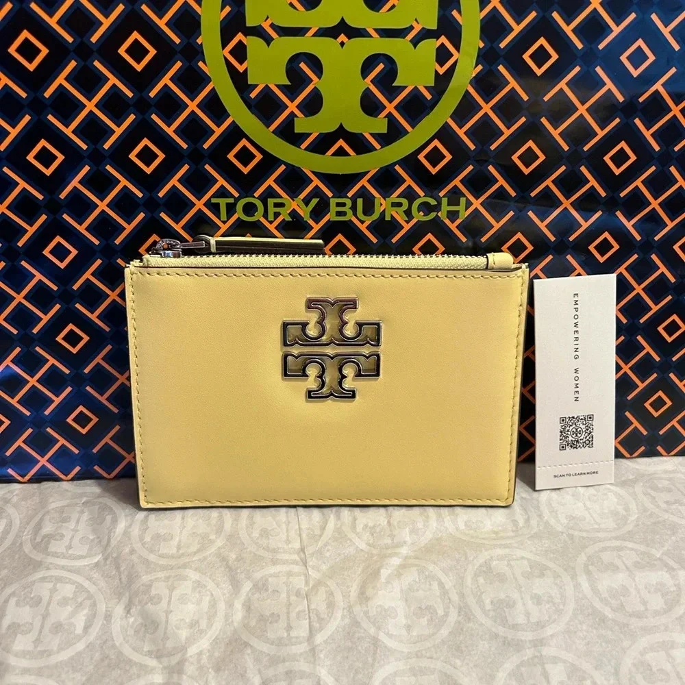 Tory Burch Britten Soft Zip Card Case Mini Wallet Vintage Lemon Silver Yellow